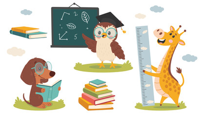 The animals are learning, reading. Back to school. The owl is a teacher. Animals in glasses with books