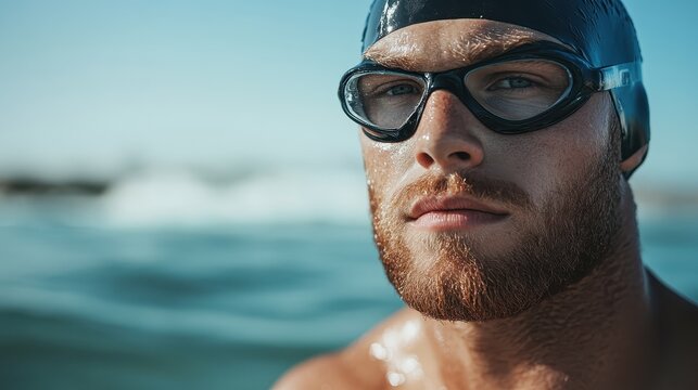 A focused competitive swimmer emerges from ocean waves, showcasing strength and determination, embodying the spirit of athleticism and resilience against nature's elements.