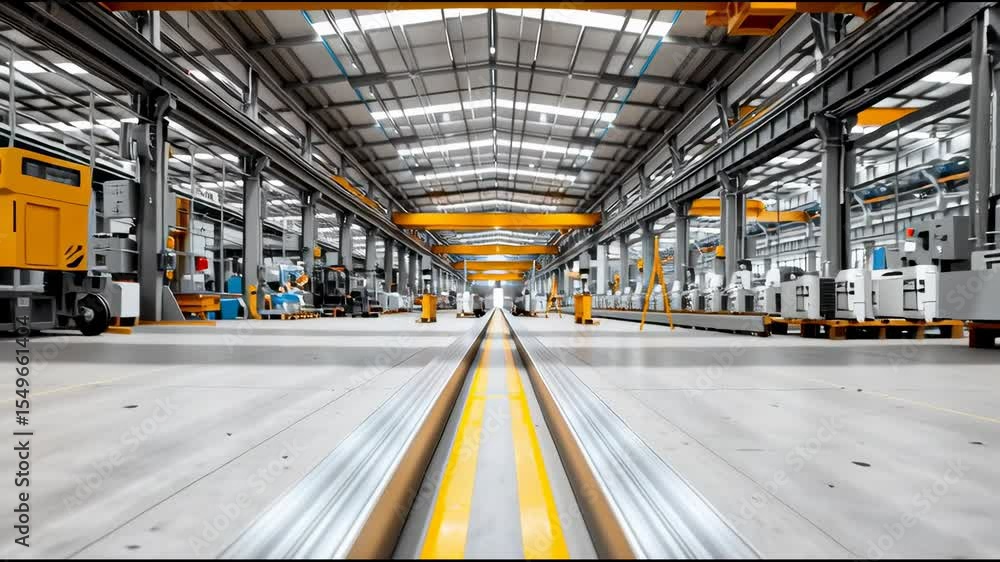 Poster modern industrial building interior: interior of modern and tidy factory, with repeating pattern of 