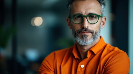 A distinguished man with a beard and vibrant glasses exudes confidence, representing a modern aesthetic with a touch of casual sophistication in a professional environment.
