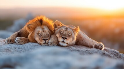 Two majestic lions rest peacefully against a stunning sunset backdrop, symbolizing strength, unity, and the serene beauty of nature’s most regal creatures in their natural habitat.