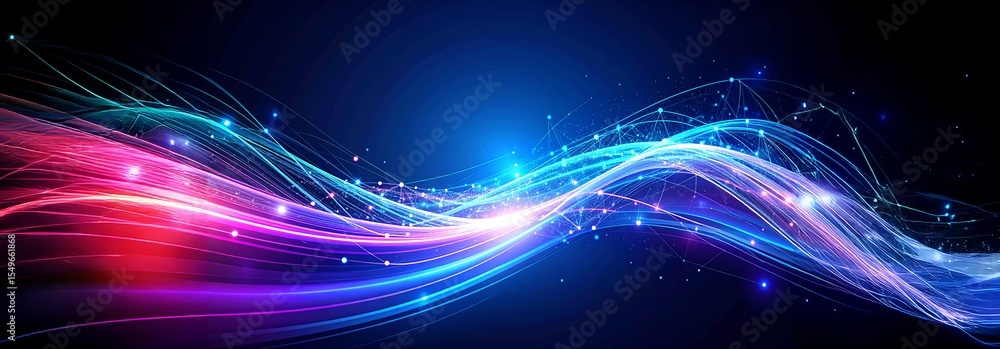Poster abstract illustration of light waves transmitting encrypted data signal through a digital network, r