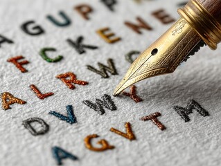 Close-up of fountain pen tip above colorful raised letters on white paper