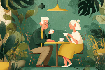 An elderly couple enjoys coffee at a table surrounded by lush green plants. The man has gray hair and glasses, while the woman has white hair and wears a yellow skirt.