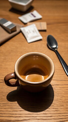 An empty brown coffee cup with spoon and sugar packets on a wooden table