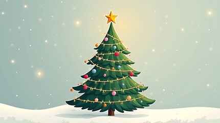 A festive vector graphic showcases a classic Christmas tree, depicted with clean lines, colorful ornaments, and a star on top, ideal for holiday greeting cards.
