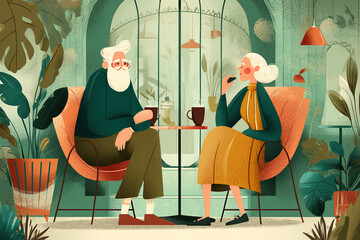 An elderly couple sits in a cozy café surrounded by plants. The man has a white beard and wears a green sweater. The woman has gray hair and wears a yellow dress.