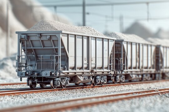 Freight wagons loaded with gravel on parallel railway tracks in an open industrial yard

