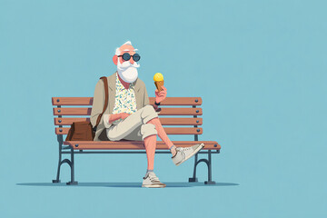 Senior Caucasian man with white beard sitting on a bench, enjoying an ice cream cone. He wears sunglasses and casual summer clothing.
