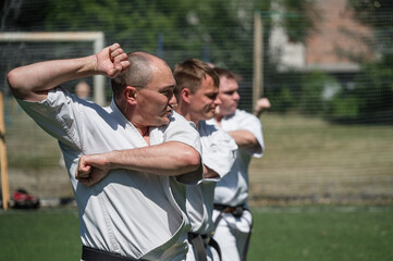 Group of men practicing karate outdoors on sunny day.