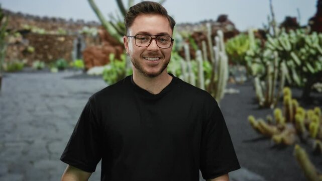 Young man with beard smiling in park setting, gesturing with fingers on forehead, wearing glasses and black shirt, surrounded by green plants and stone walls outdoor.
