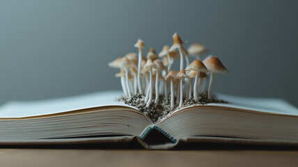 Wild mushrooms growing on an open vintage textbook. Conceptual image of fantasy, magic, and mystery. conceptual art showing mushroom growing from antique cooking recipe book in library, home.