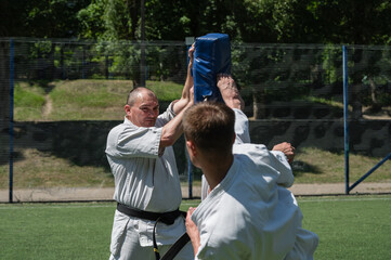 Karate student kicking training pad during outdoor session.