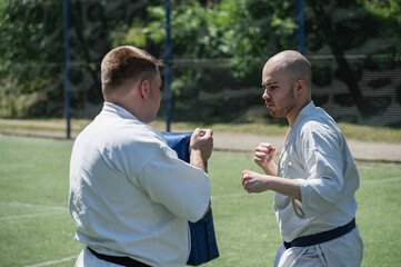 Karate student punching training pad during outdoor practice.