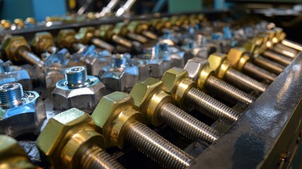 A row of bolts with gold heads and silver bodies