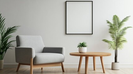 A modern living room featuring a stylish grey armchair, a round wooden coffee table, and lush green plants, creating a serene and minimalist atmosphere perfect for relaxation.