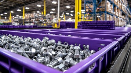 A warehouse with purple bins full of nuts and bolts
