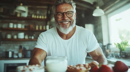 A joyful older man smiling at the camera while seated at a bright modern kitchen table adorned with various breakfast items, projecting warmth and happiness.
