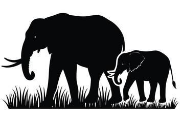 Fototapeta premium Elephant mother and calf walking together in grass silhouette vector illustration