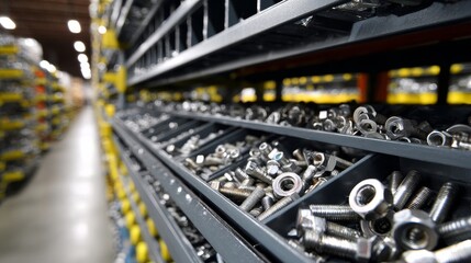 A large number of nuts and bolts are displayed in a warehouse