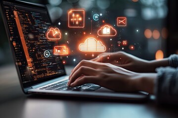 Close-up of hands typing on laptop, cloud computing icons overlay