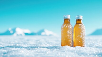 Two glass bottles filled with liquid stand majestically on a snowy surface, illuminated by a bright blue sky, evoking a sense of freshness and purity in a pristine environment.
