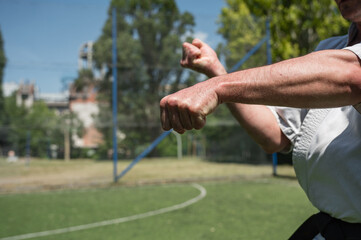 Close-up of martial artist punching outdoors on sunny day.