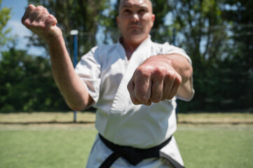 Close-up of karate punch with focus on fist outdoors.