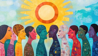 Colorful diverse figures facing a sun,  in profile view