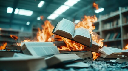 A striking image depicting open books engulfed in flames, symbolizing the destruction of knowledge and the loss of literature that sparks emotional and philosophical reflection.
