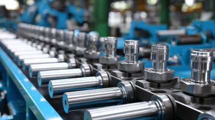 A row of metal rods with a blue background