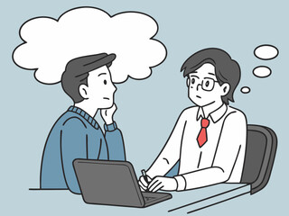 Two men having serious discussion at office desk with laptop and speech bubble