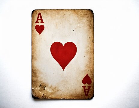 worn ace of hearts card with vintage texture and white background