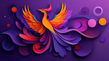 Fototapeta premium A vibrant phoenix, paper-cut style, soaring amidst abstract swirls