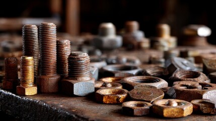A pile of rusty bolts and nuts on a table