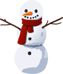 A  cute snowman wearing a scarf and featuring a classic carrot nose. Ideal for use in festive, seasonal, and children’s content
