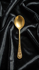 Elegant golden spoon placed on textured black velvet fabric for luxurious aesthetic.