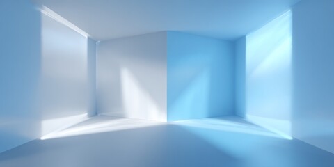 Fototapeta premium A minimalist room with light and shadow play on white and blue walls creating a serene atmosphere look