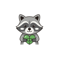 Obraz premium Raccoon Holding Heart-Shaped Leaf, Flat Icon