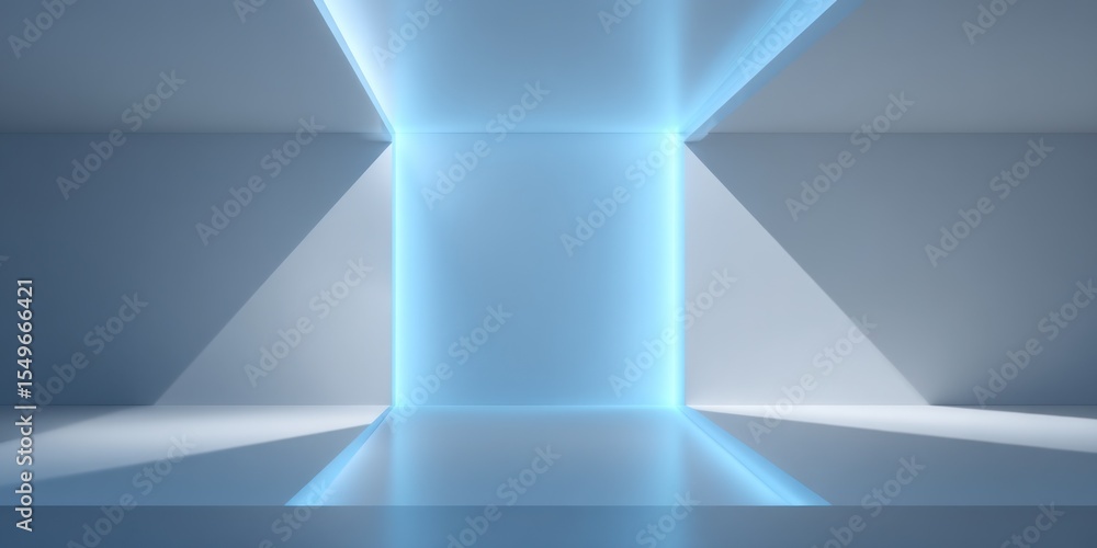 Poster a futuristic room with blue light emitting from a central structure and triangular ceiling details