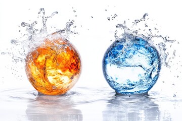 Two spheres, orange and blue, with water splashes