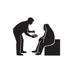 Silhouette of Person Offering Food to Homeless – Charity and Kindness Concept in Black and White Vector Style