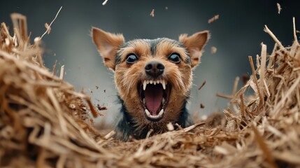 A fierce chihuahua growling amid piles of shredded hay, revealing its protective instincts and energetic spirit, evoking a sense of alertness and the powerful emotions of animals.