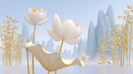 White lotus blooms in the bamboo forest by the water