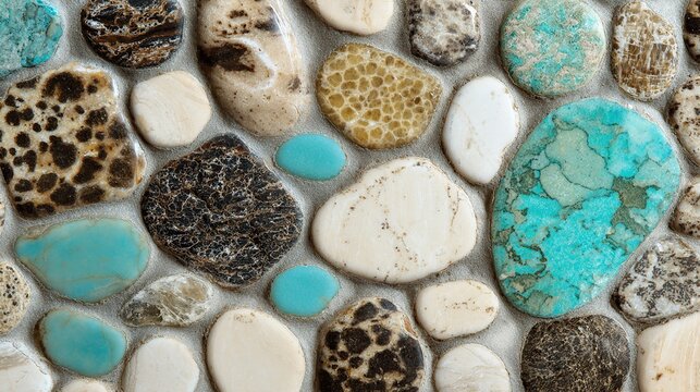 Top view of natural stone floor with varied shapes and textures, creating an elegant atmosphere. Soft lighting accentuates marble details for a luxurious, unique home interior design look.