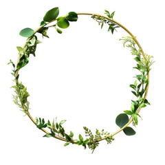 Naklejka premium Gold circle frame with lush green greenery isolated on transparent background