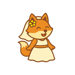 Cute Cartoon Bride Fox with Flower in Hair and Veil