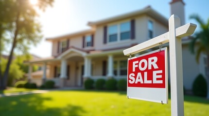 Suburban home for sale with bright green lawn, showcasing real estate opportunities and the American dream in a sunny neighborhood.