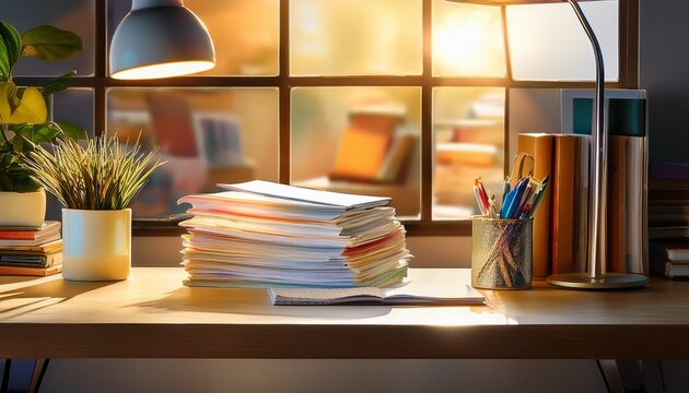 organizing study materials with notes and books on a desk in a well lit workspace