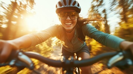 A joyful woman with a helmet and sunglasses, riding her bicycle through the lush forest at sunset, capturing the spirit of adventure and freedom in the great outdoors.